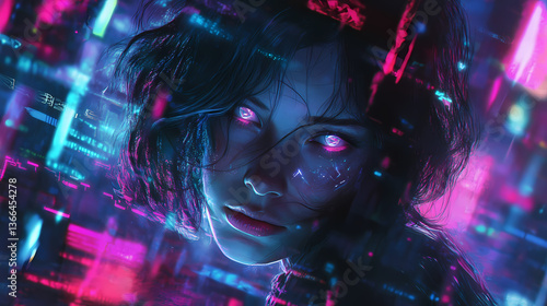 Pastel neon ghost in the shell a hackers spirit navigating the net untouchable in her luminescent form. Phantom Carapace. Illustration