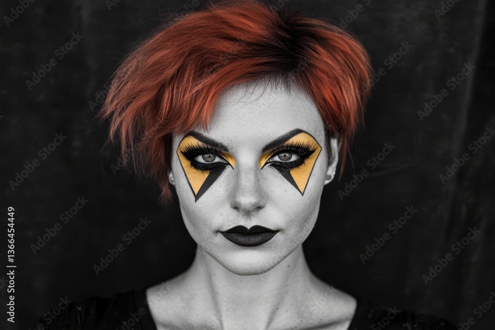 A confident woman with bold geometric makeup stands out against a plain background. A confident woman with bold geometric makeup stands out against a plain background.