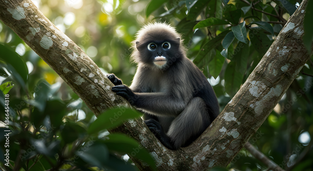 Obraz premium Dusky Leaf Monkey: A Captivating Portrait in the Tropical Malaysian Rainforest