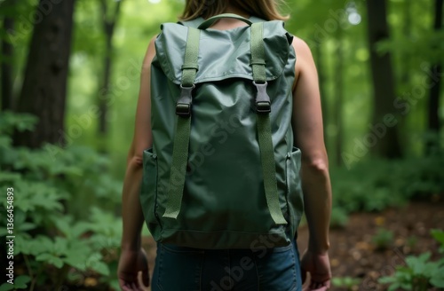 Wallpaper Mural The woman carries a tourist backpack in a rich dark green color on her shoulders. The background is blurred forest thicket Torontodigital.ca