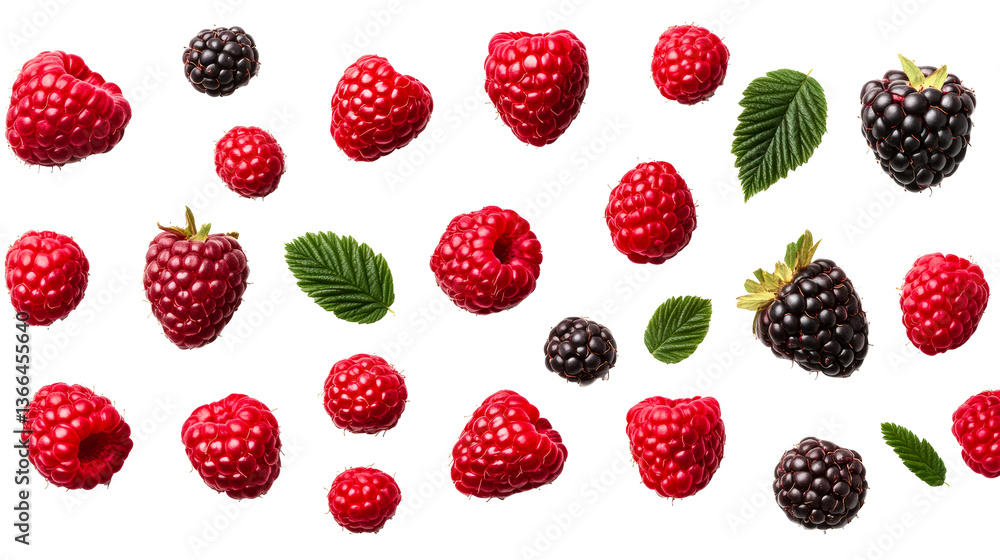 Raspberries and blackberries scattered on black background, cut out transparent Raspberries and blackberries scattered on black background, cut out transparent