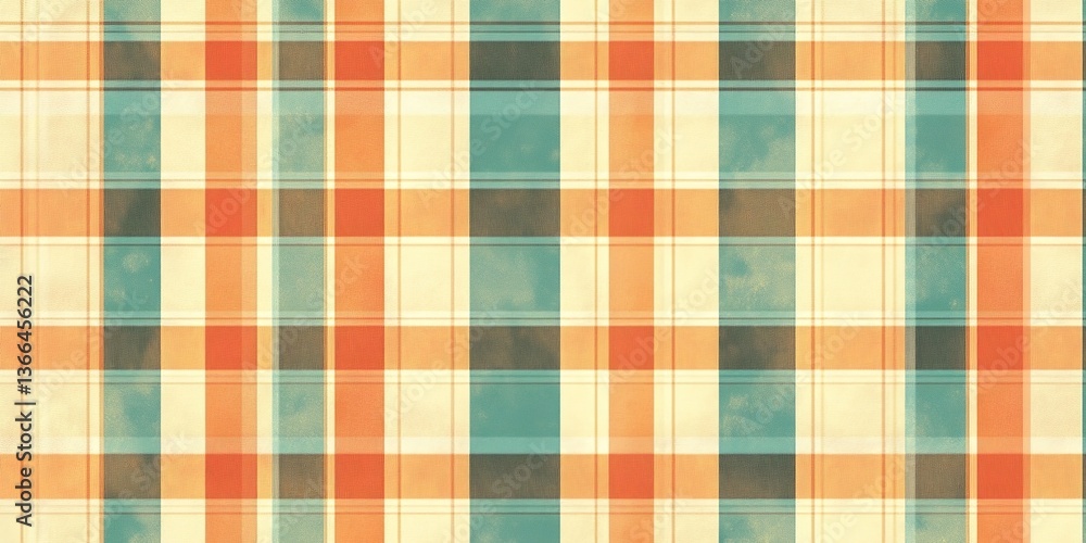 A plaid pattern with orange, green, and beige squares, neat lines, creating a simple and retro atmosphere, digital art style, even lighting A plaid pattern with orange, green, and beige squares, neat lines, creating a simple and retro atmosphere, digital art style, even lighting