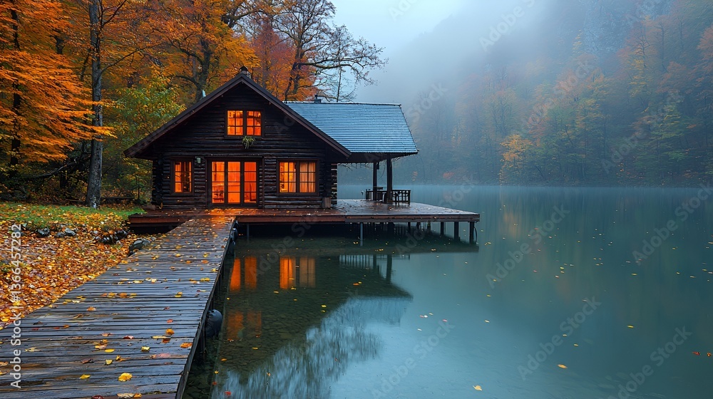 Fototapeta premium Autumn Cabin on Misty Lakeside