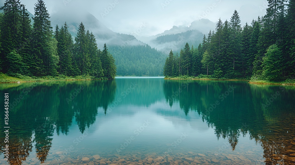 Fototapeta premium Misty Mountain Lake Reflections