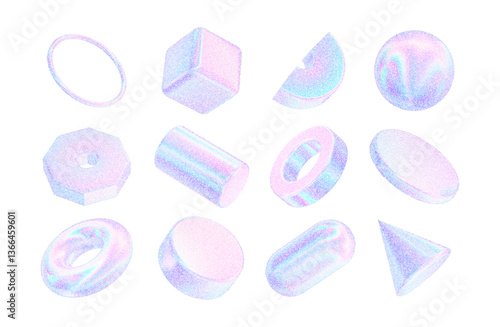 Circle pearlescent 3d texture shapes. Geometric holographic figures tube, torus, disk, cylinder,ring, platform,ball,cube with noise hologram gradient dots. Grain gradation effect. Vector illustration