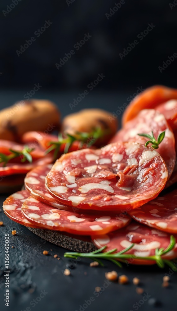 Close-up of sliced salami and prosciutto on dark background, dark, cured meat, gourmet Close-up of sliced salami and prosciutto on dark background, dark, cured meat, gourmet