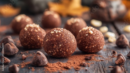Wallpaper Mural Chocolate protein balls coated with sesame seeds on rustic wood table. Good for food blogging or marketing healthy snack recipes online. Torontodigital.ca