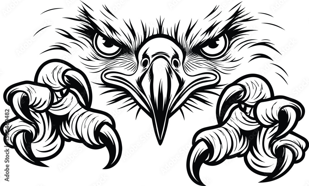 Fototapeta premium Angry eagle face and talons vector | A blade eagle with talons | Falcon head vector | Hawk face and talons vector design suitable for t-shirt and many more.