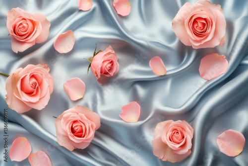 Pale pink roses and petals lie on a light blue silk fabric background. Perfect for expressing love, romance, or creating elegant designs.