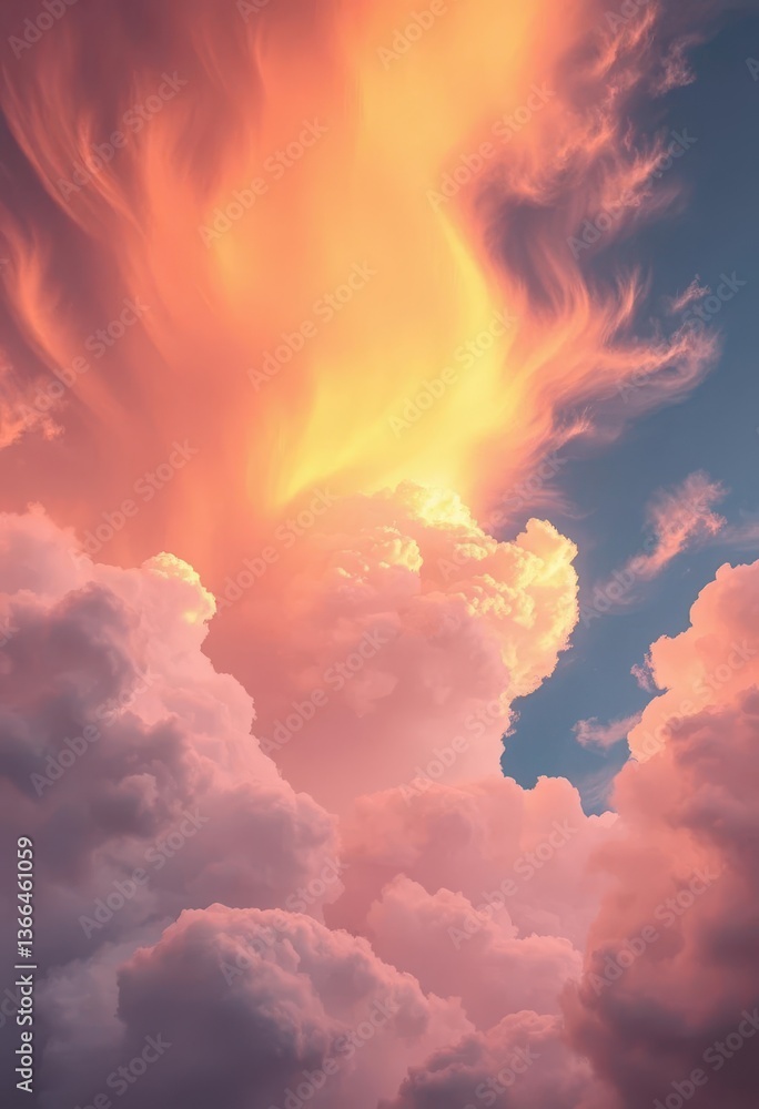 Fototapeta premium Fiery hues paint a canvas of clouds, soft yet vibrant, textured by wispy cirrus and bold cumulus, painted sky, texture