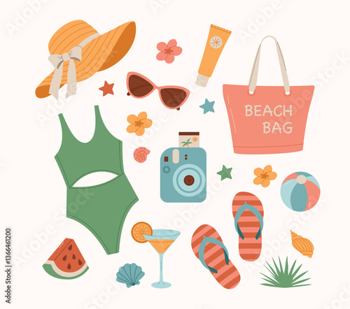 A collection of summer beach essentials, including a straw hat, swimsuit, sunglasses, beach bag, flip-flops, camera, cocktail, sunscreen, seashells, and tropical elements. Perfect for summer designs.