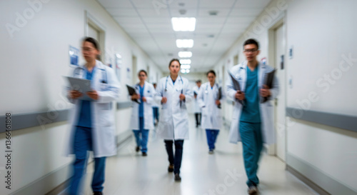 Doctors in white coats and blue scrubs move quickly through a hospital hallway with motion blur Light walls and doors in a white and blue color scheme create a bright professional atmosphere