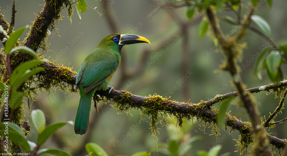 Fototapeta premium Emerald Toucanet perched on a mossy branch in a lush cloud forest setting