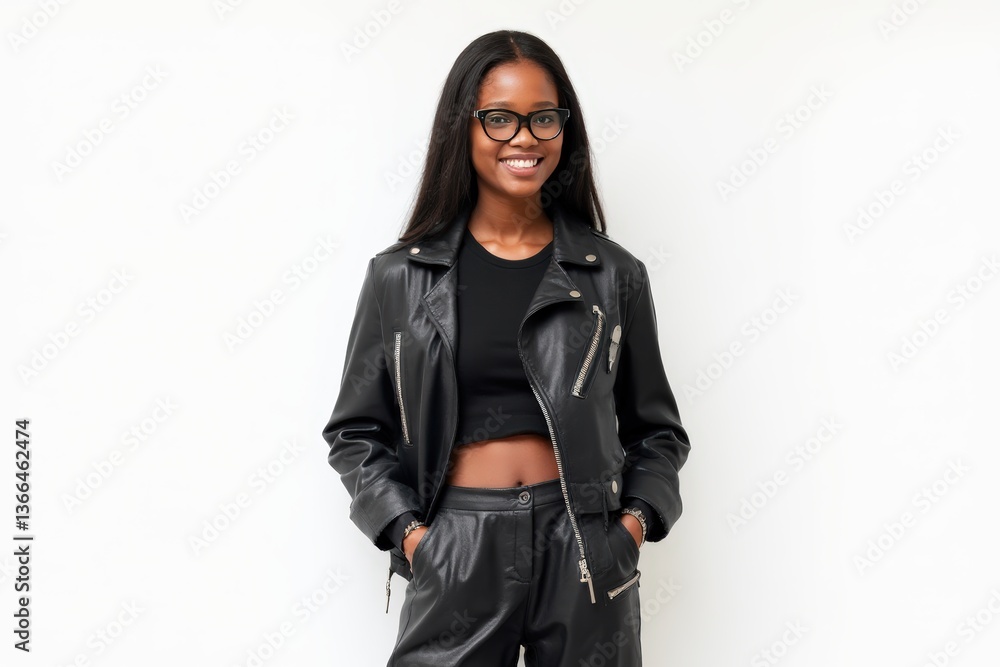 Half-Length (Waist-Up) portrait of young stylish smiling Seychellois female model in cyberpunk wear isolated on pure white background looking at camera Half-Length (Waist-Up) portrait of young stylish smiling Seychellois female model in cyberpunk wear isolated on pure white background looking at camera