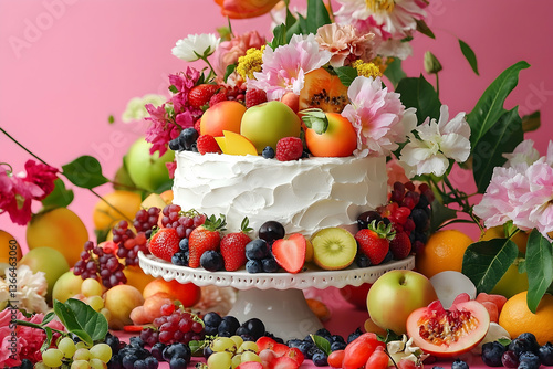 Exquisite cake adorned with fresh fruits and vibrant floral arrangements