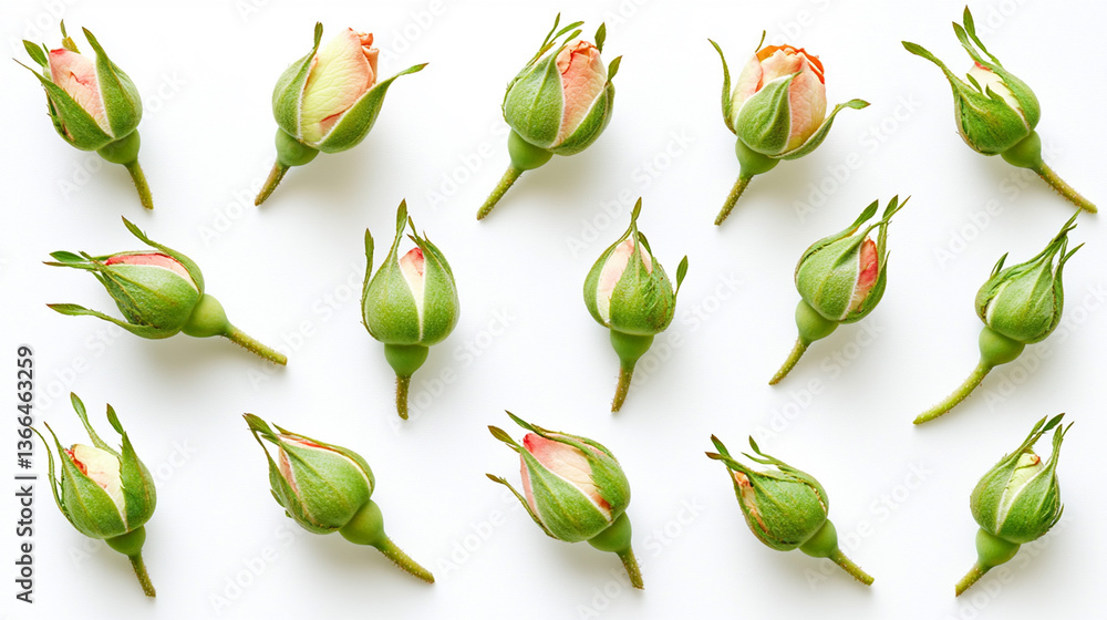 Obraz premium Delicate rose buds arranged in a symmetrical pattern on a white background.