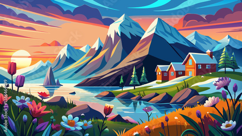 Wallpaper norway landscape nature of the mountains of Spitsbergen Longyearbyen Svalbard on a flowers polar day with arctic summer in the sunset