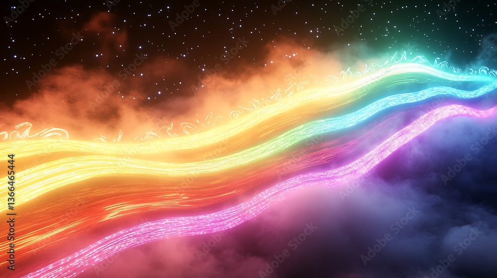Vibrant colorful glowing lines flowing through cloudy night skies Vibrant colorful glowing lines flowing through cloudy night skies
