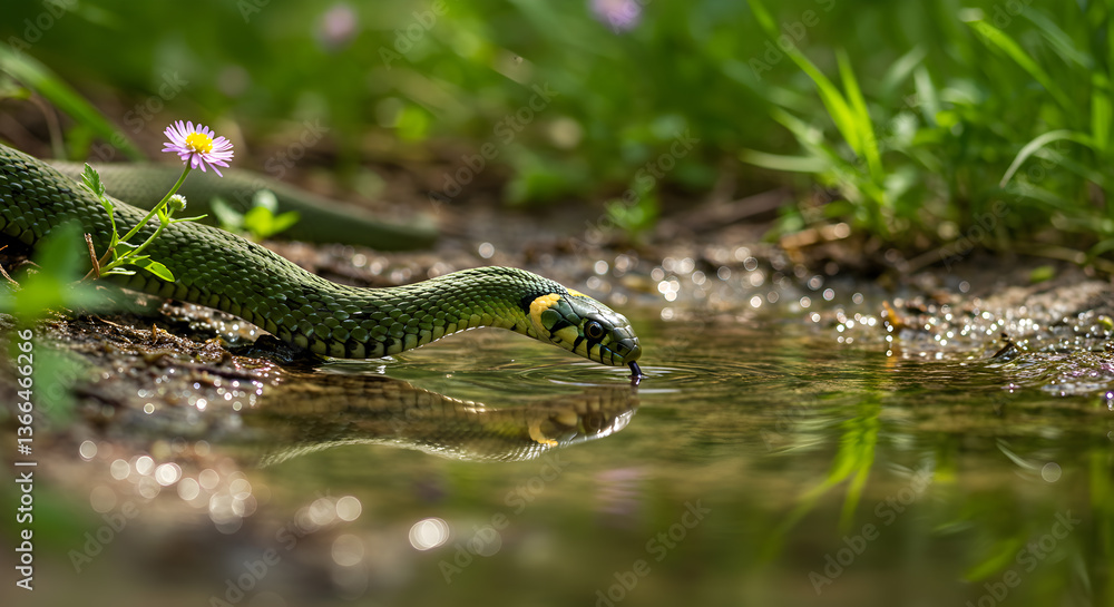 Obraz premium Grass snake quenching its thirst, drinking from a puddle near wildflowers