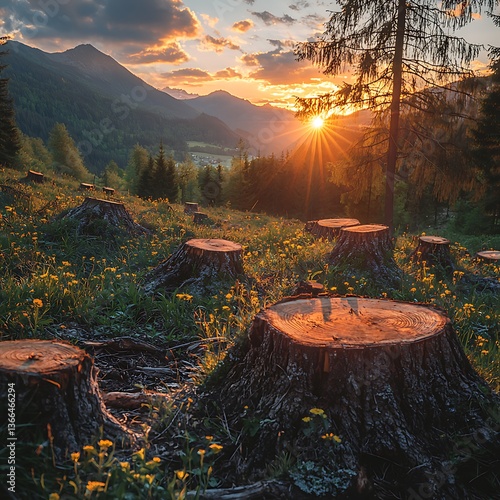 Mountain forest stumps glowing in sunset high resolution photo