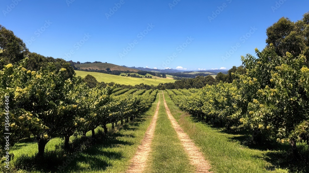 Naklejka premium Dirt path leads through a vineyard on a sunny day. Perfect for wine, travel, or agricultural themes.