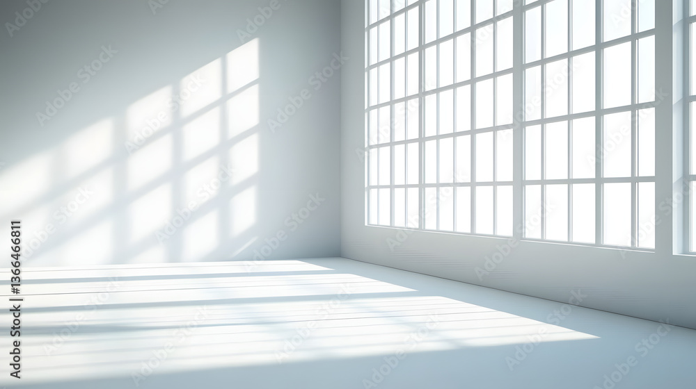 A clean, white room with sunlight streaming in through the window, casting shadows on an empty wall A clean, white room with sunlight streaming in through the window, casting shadows on an empty wall