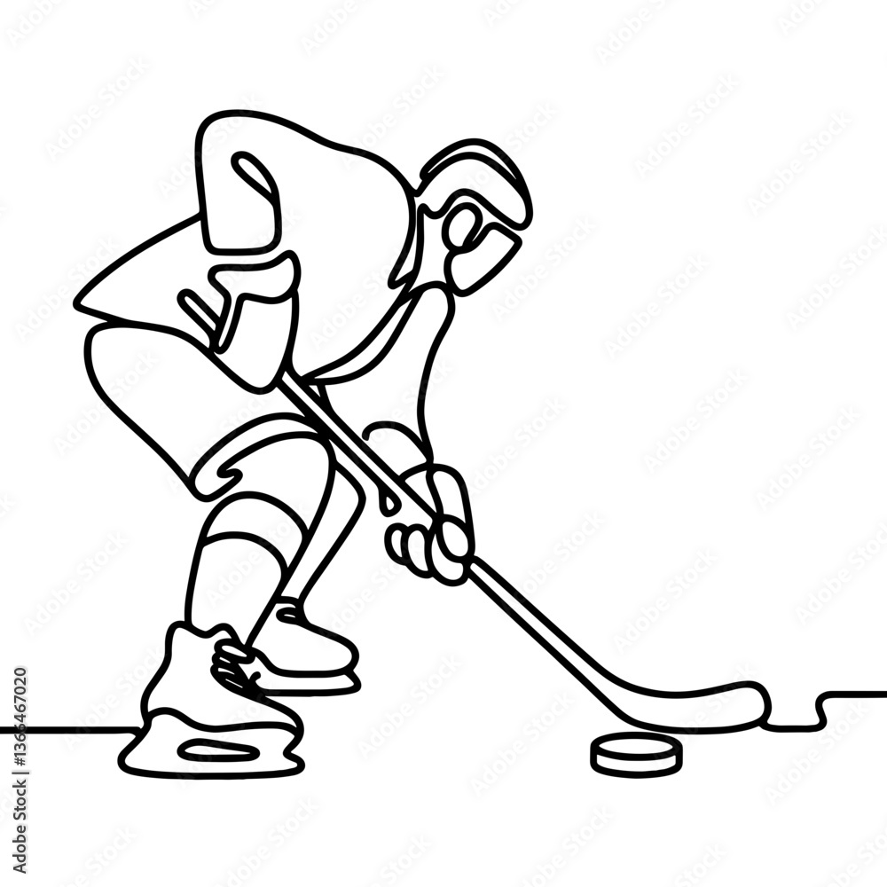 Obraz premium Hockey Player Preparing to Shoot Puck in Line Drawing Style 