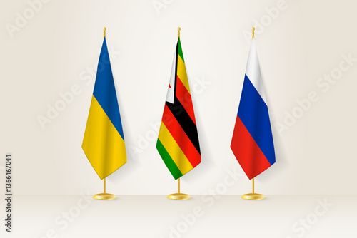 Diplomatic Meeting Representation, Ukraine, Zimbabwe and Russia Flags. Flags on Diplomatic Stands.