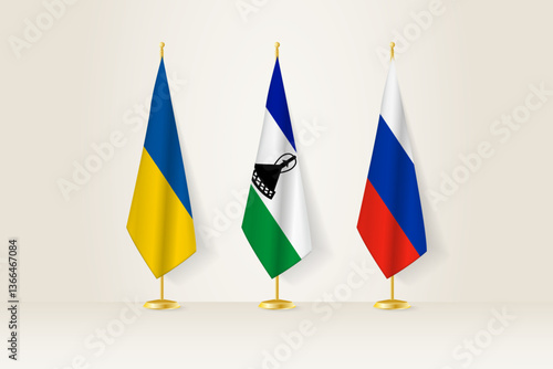 Diplomatic Meeting Representation, Ukraine, Lesotho and Russia Flags. Flags on Diplomatic Stands.