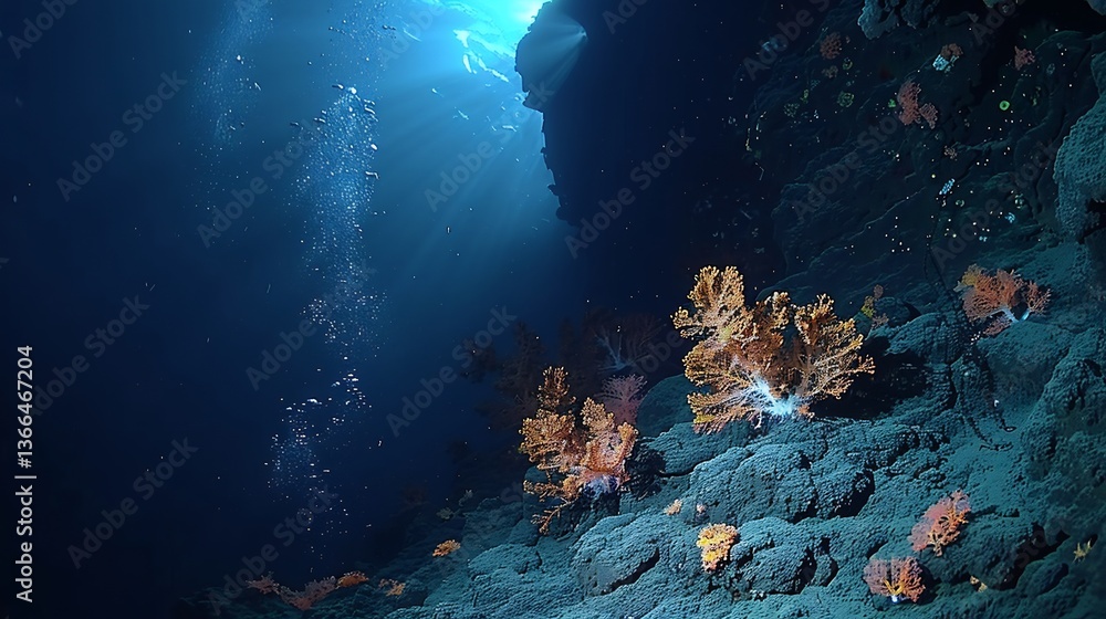 Fototapeta premium Deep Sea Hydrothermal Vent Gardens Life Without Sunlight Illustrate eerie hydrothermal vent ecosystem where deep sea plants and fungi thrive in complete darkness relying on chemosynthesis for survival