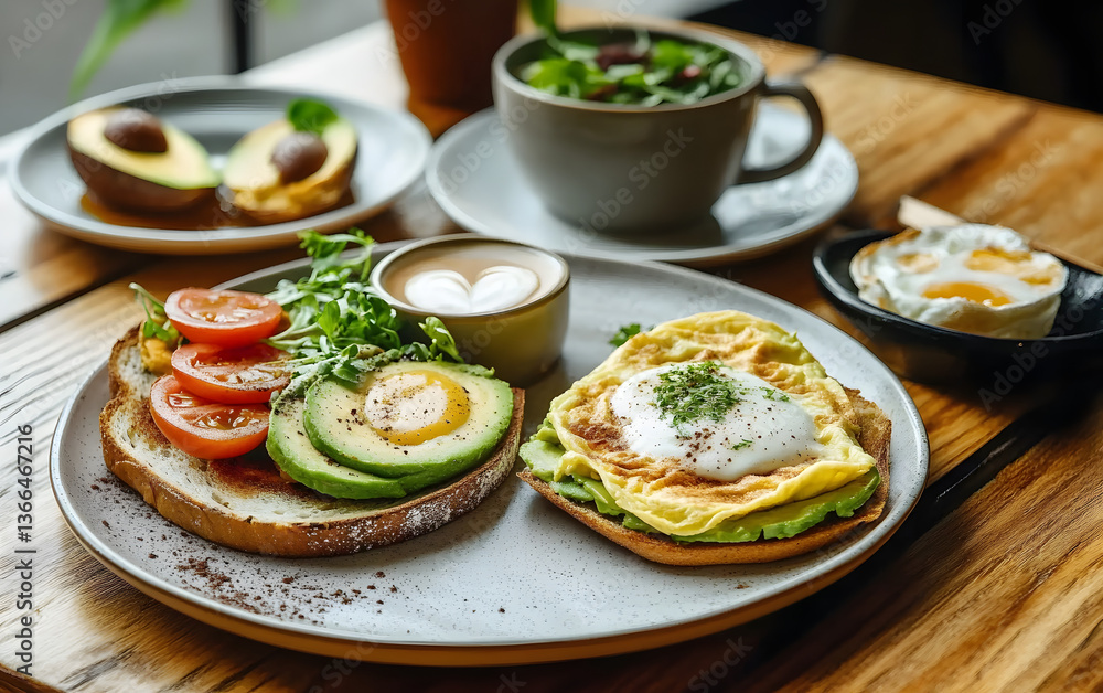 A modern café with low-carb breakfast options. featuring omelets, avocado toast, and bulletproof coffee. promoting taste and dietary preferences. Ideal for café promotions A modern café with low-carb breakfast options. featuring omelets, avocado toast, and bulletproof coffee. promoting taste and dietary preferences. Ideal for café promotions
