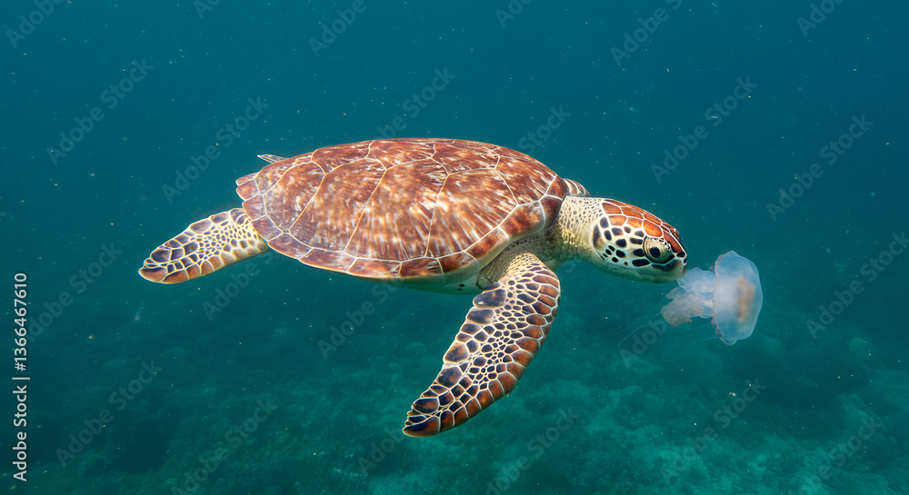 Obraz premium Sea turtle gracefully consuming a jellyfish in the vastness of the ocean depths