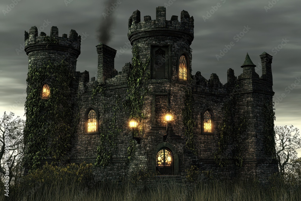 Fototapeta premium An enchanted castle with ivy-covered walls and a prominent clock tower standing tall against a clear blue sky.