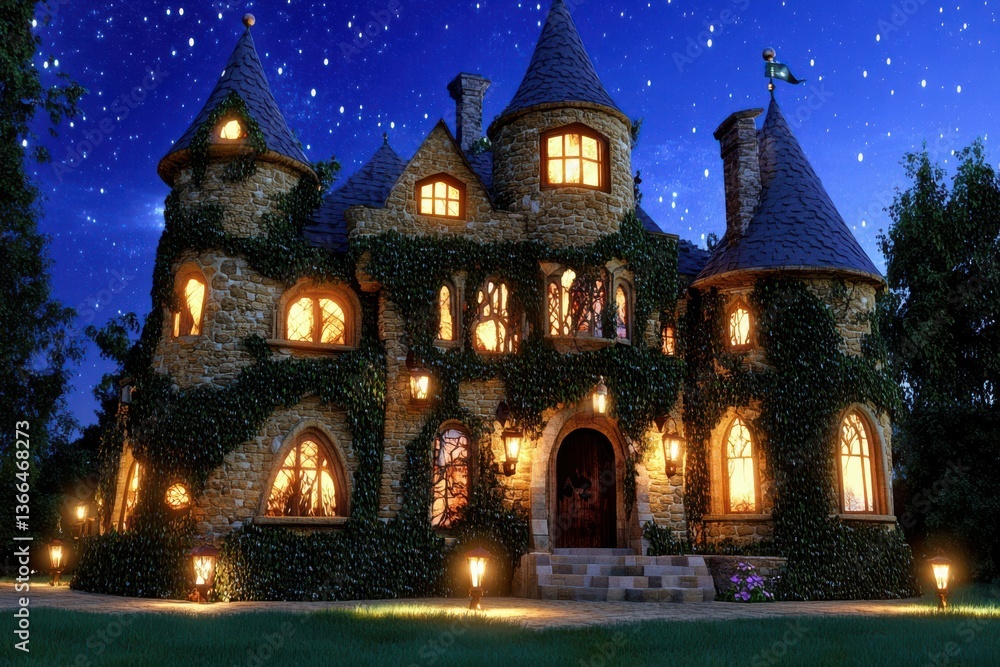An enchanted castle surrounded by lush ivy-covered walls, with a prominent clock tower and a bird perched atop a turret. An enchanted castle surrounded by lush ivy-covered walls, with a prominent clock tower and a bird perched atop a turret.