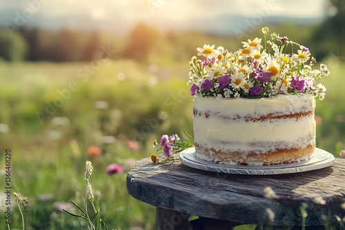 Fototapeta Naklejka Na Ścianę i Meble -  Rustic elegance, a naked cake adorned with wildflowers in a meadow setting