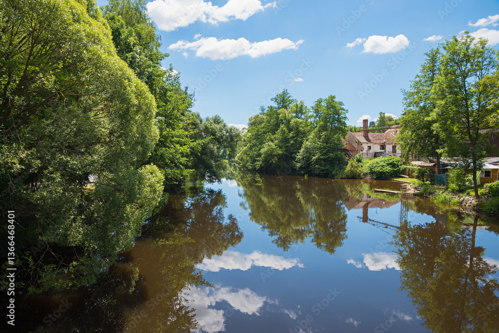 Schwarzer Regen river, Viechtach, lower bavarian landscape. trees reflecting in the water