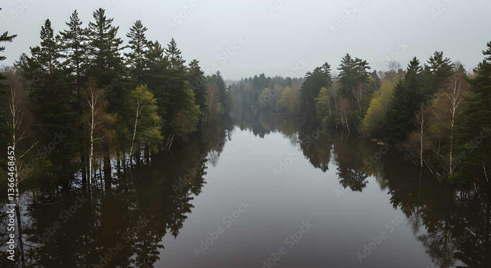 Obraz premium Ethereal forest scene reflected in tranquil waters creating a mirrored landscape