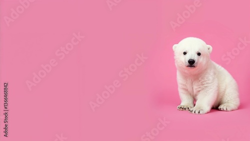 Cute Baby Polar Bear Cub Sitting on Pink Background with Copy Space