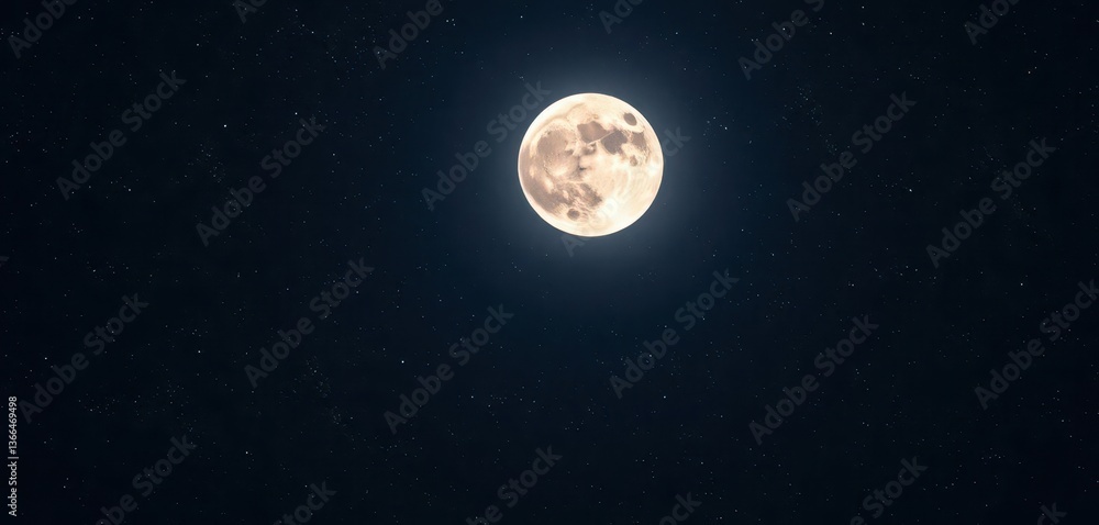 Fototapeta premium Radiant full moon dominates a velvet night sky strewn with countless stars, dark, cosmic