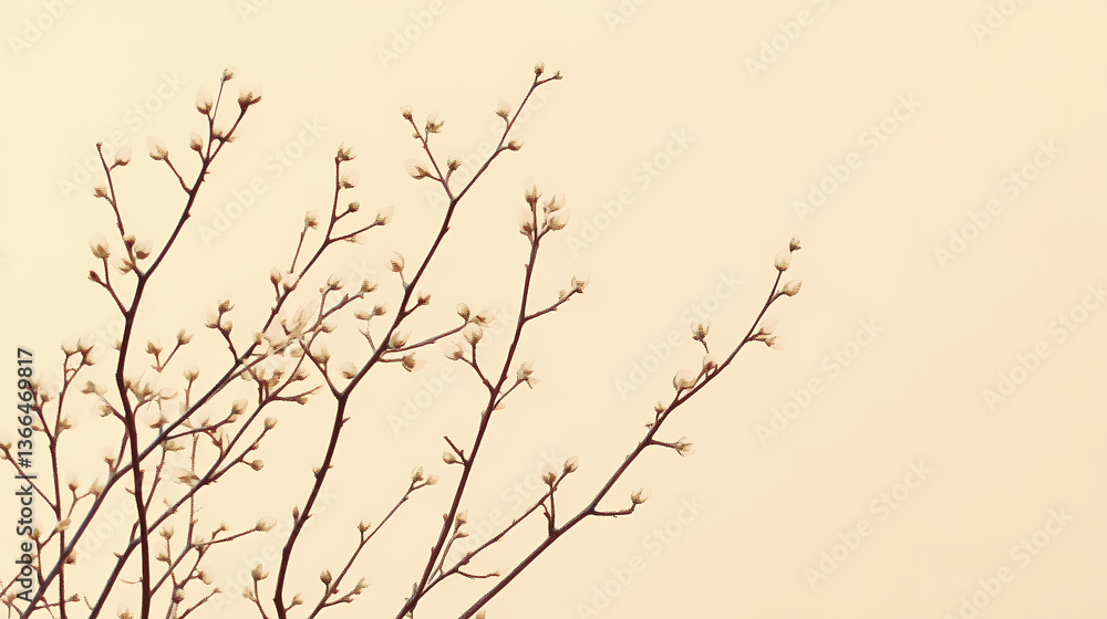 Fototapeta premium Early spring branches reach for the sky, bearing tiny buds against a soft, muted backdrop. a minimalist study of nature's awakening. Muted Awakening. Illustration