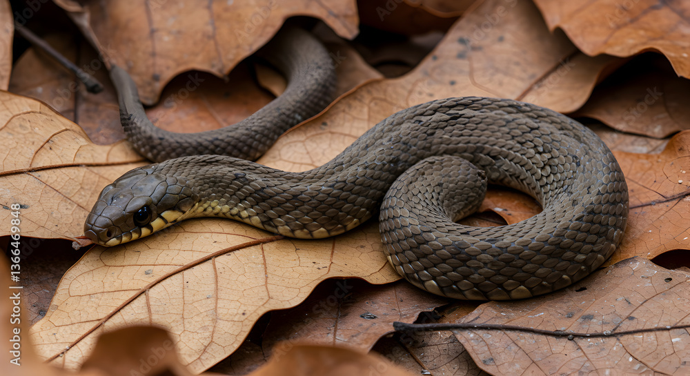 Obraz premium Perfect camouflage snake blends seamlessly with fallen leaves in the forest