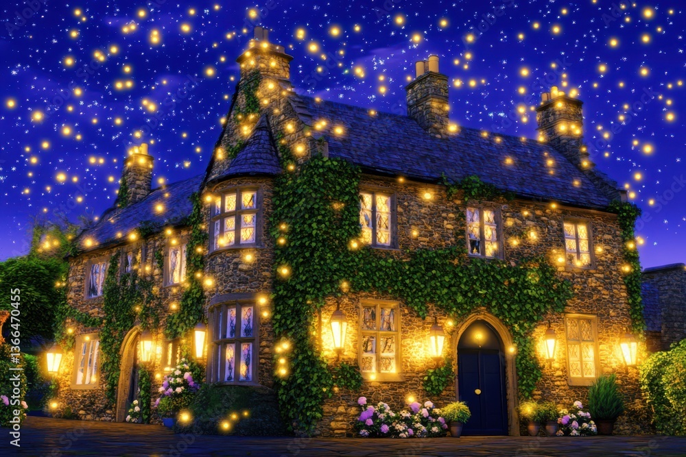 Naklejka premium An enchanted castle with ivy-covered walls surrounded by greenery. No people, featuring flags on castle towers and pots of colorful flowers.