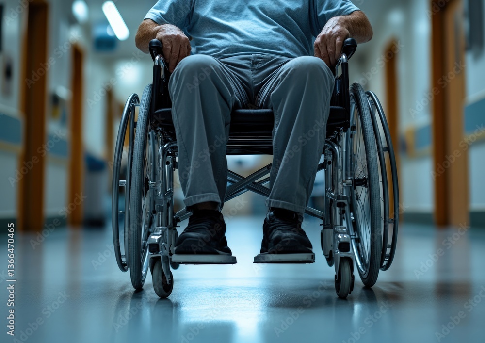 Fototapeta premium Senior patient getting up from wheelchair in hospital corridor