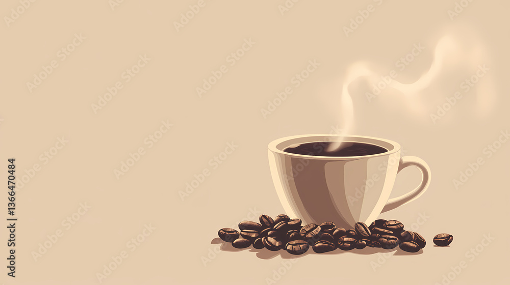 Obraz premium Steaming cup of coffee beans: a simple yet striking illustration of a steaming cup of coffee beans, perfect for representing the warmth and comfort of a morning brew. Muted Awakening. Illustration