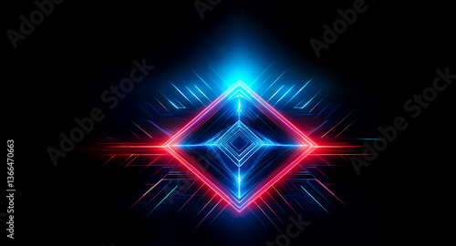 Geometric diamond shape with vibrant blue and red neon lights radiates against a dark backdrop.  Luminous streaks emanate from the center, creating a futuristic, abstract design.