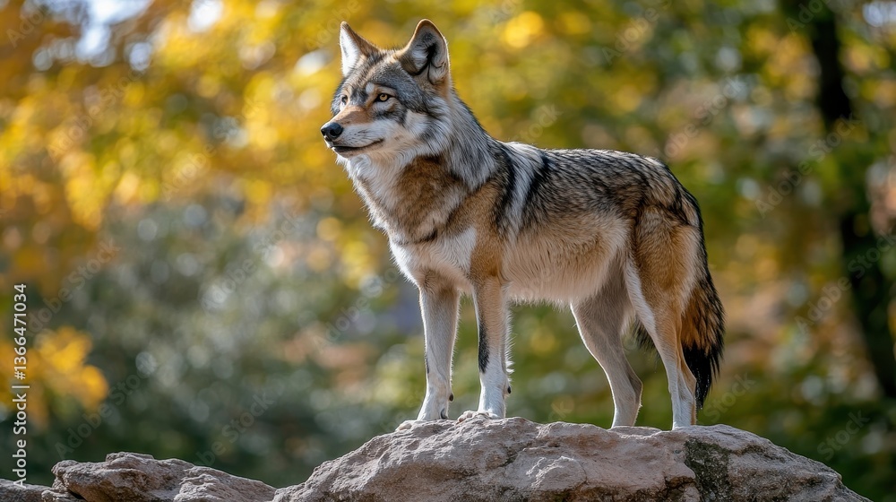 Fototapeta premium A coyote stands on a rock against a blurred foliage background. Use this image for wildlife, nature, or conservation-related projects.