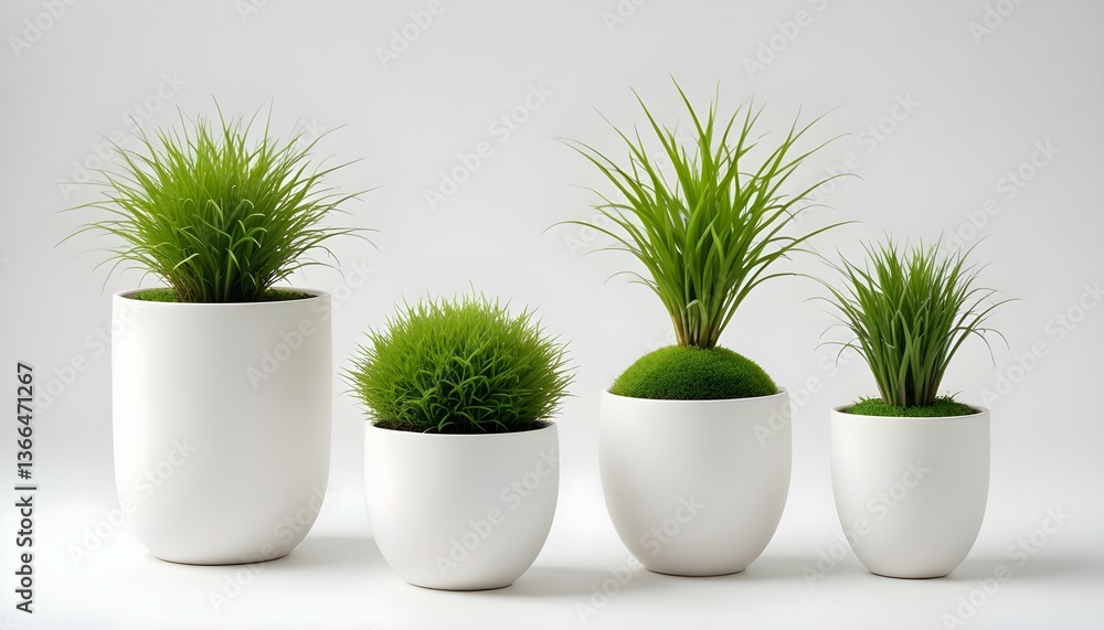 Obraz premium Four small potted plants are arranged in a row against a bright white background