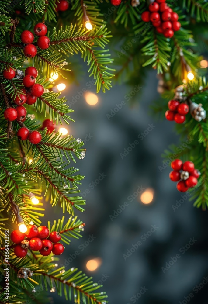 Vibrant green pine boughs, frosted berries, & twinkling lights form a festive backdrop, decoration, Christmas, berries Vibrant green pine boughs, frosted berries, & twinkling lights form a festive backdrop, decoration, Christmas, berries