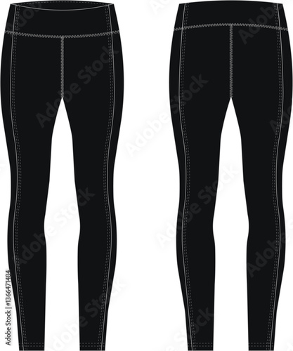 Black Tight-Fit Leggings Vector Template – Front & Back View