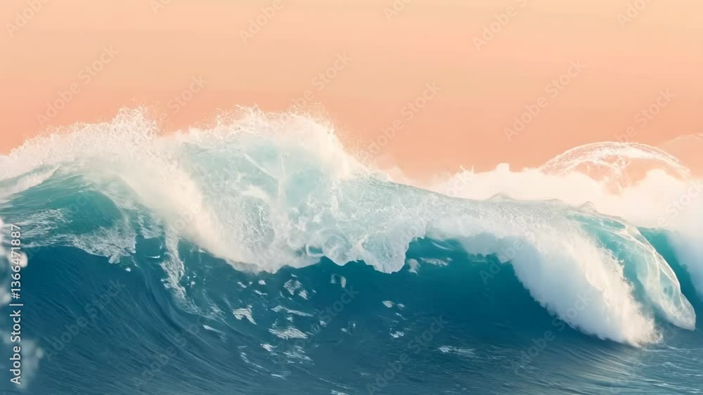 Waves crash against a serene coastline during sunset at a tropical beach Waves crash against a serene coastline during sunset at a tropical beach